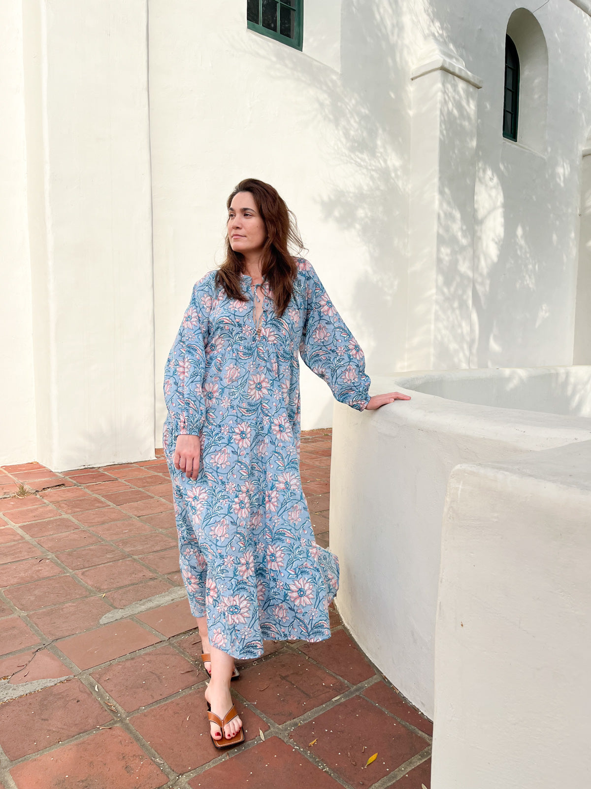 pink and blue floral maxi dress