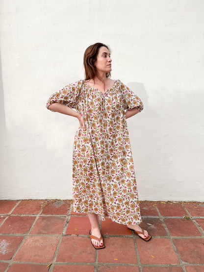 yellow and pink floral midi dress
